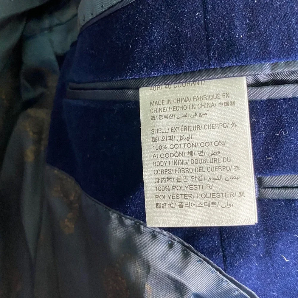 bar III Mens Slim Fit Velvet Blazer Jacket Blue Tiger‎ Print Lined 40R Holiday